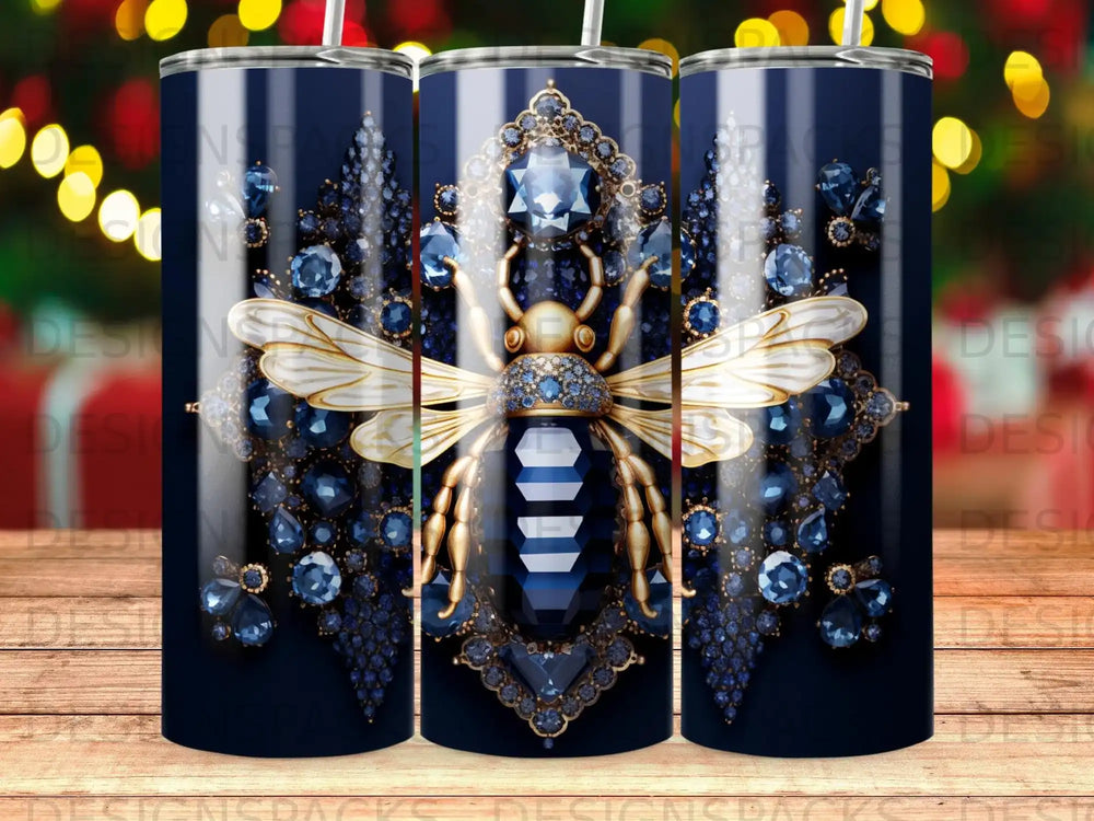 Ornate bee adorned with blue gemstones and gold wings on a dark background.