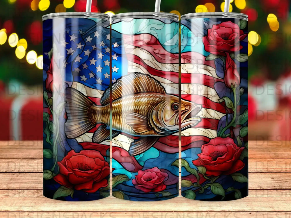 Fish and American flag with red roses.