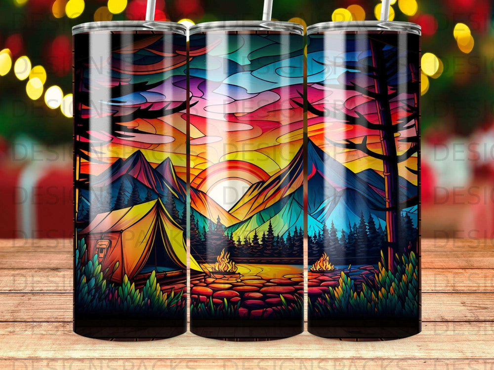 Colorful mountain landscape with tent, campfire, and rainbow.