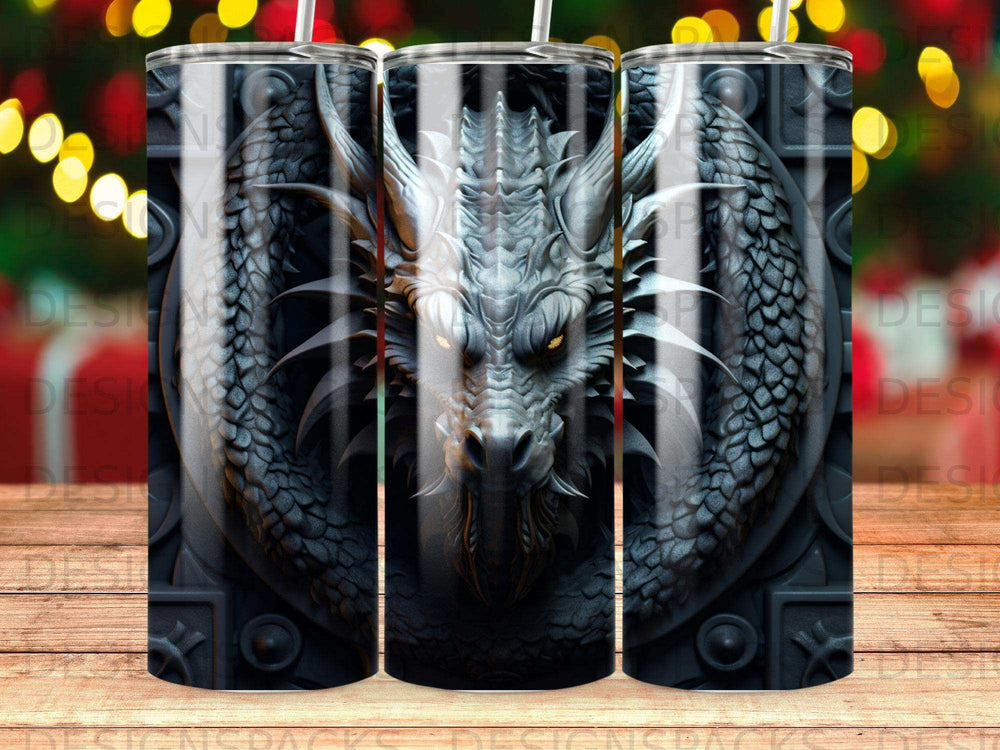 Close-up of a metallic dragon head with glowing yellow eyes.