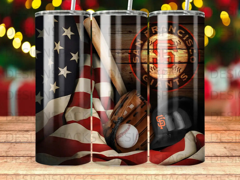San Francisco Giants baseball cap, glove, and flag on wood.