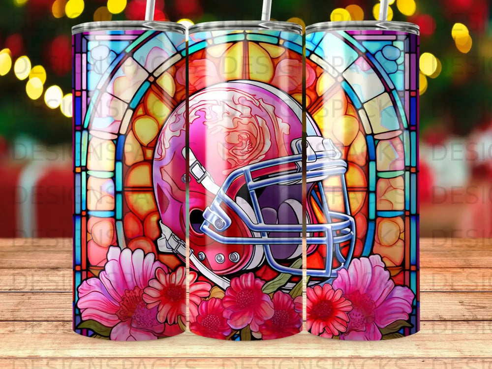 Football helmet with stained glass and floral accents.