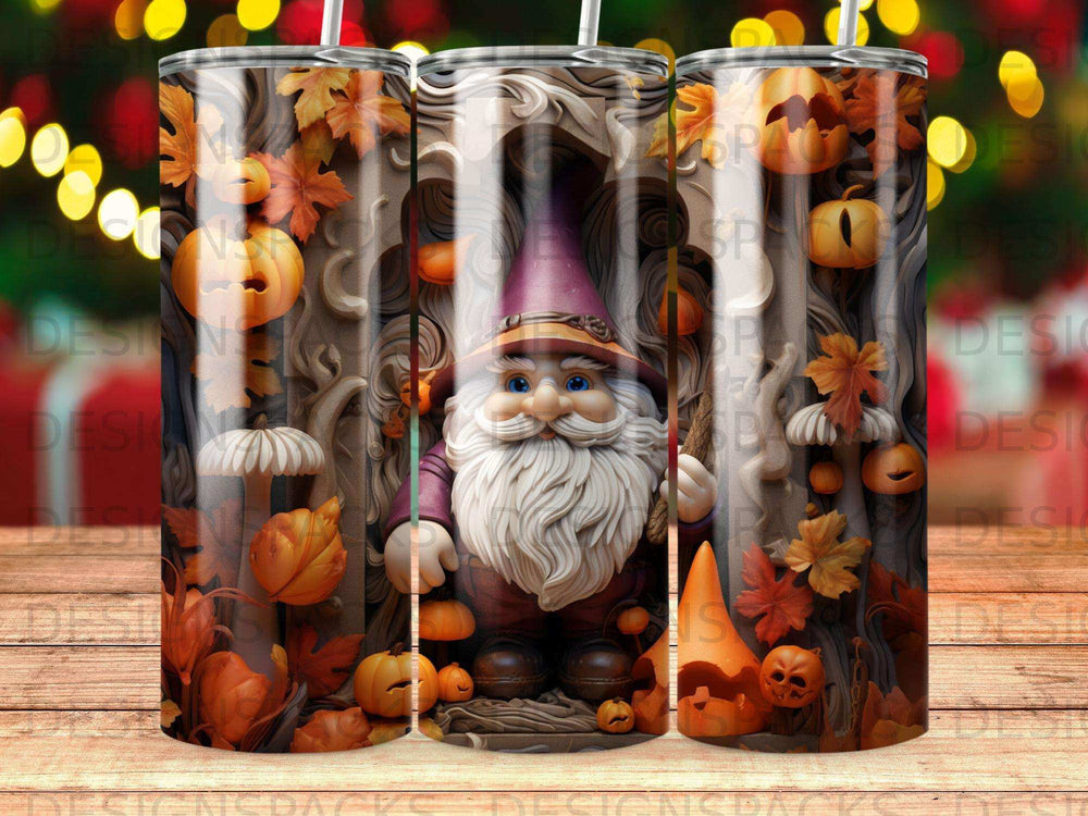Gnome in a forest with pumpkins and autumn leaves, on a tumbler.