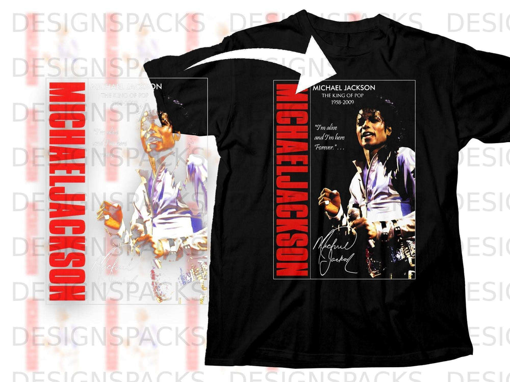 Michael Jackson "King of Pop" t-shirt design with signature and quote.