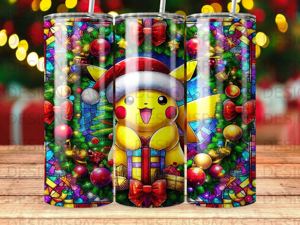 Pikachu in Santa hat holding gift, surrounded by Christmas ornaments and stained glass pattern.