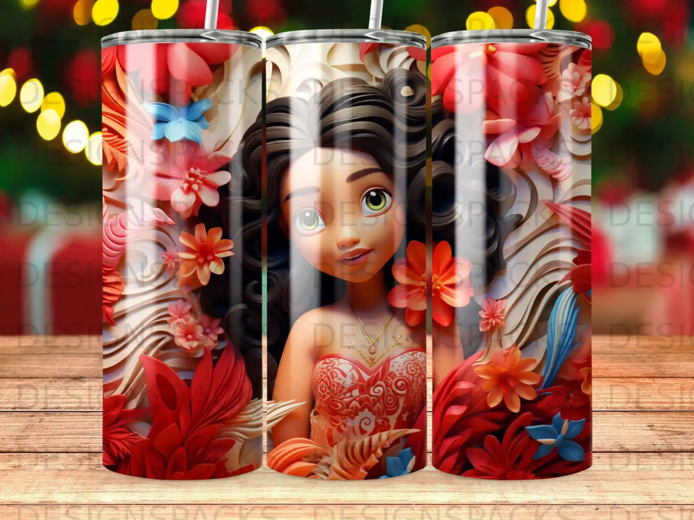 Young girl with flowers and tropical plants, red and white pattern.