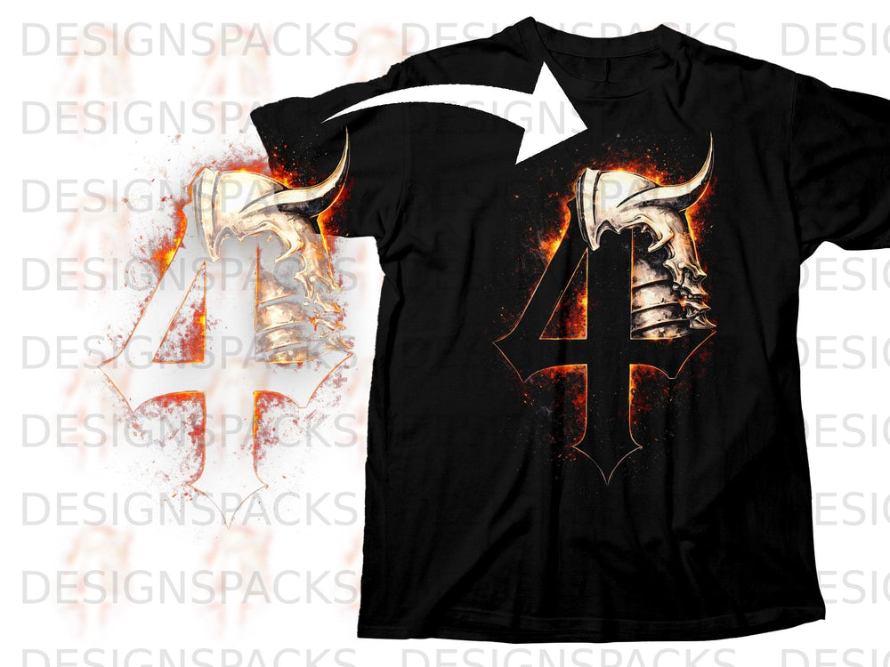 Black t-shirt with a fiery skull and number 4 graphic.