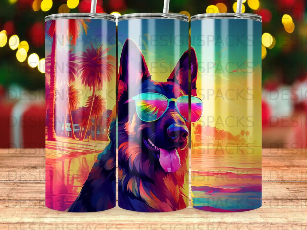 German Shepherd wearing sunglasses against a tropical sunset background.