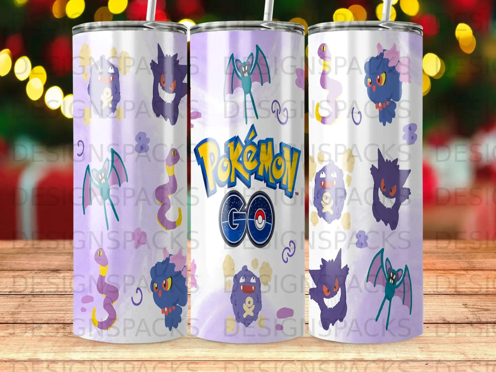 Pokemon GO tumbler with characters on purple and white background.