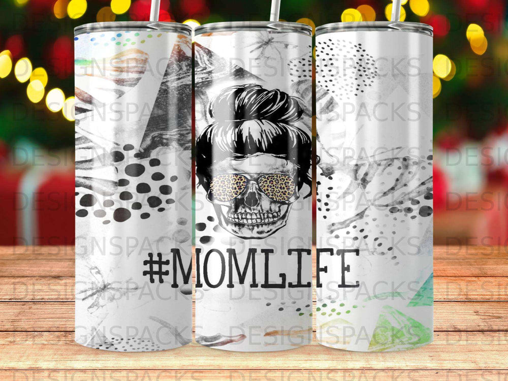 Tumbler with #MOMLIFE text and skull graphic wearing leopard print sunglasses.