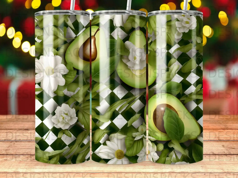 Green checkered pattern with avocado and white flowers, possibly a tumbler wrap.