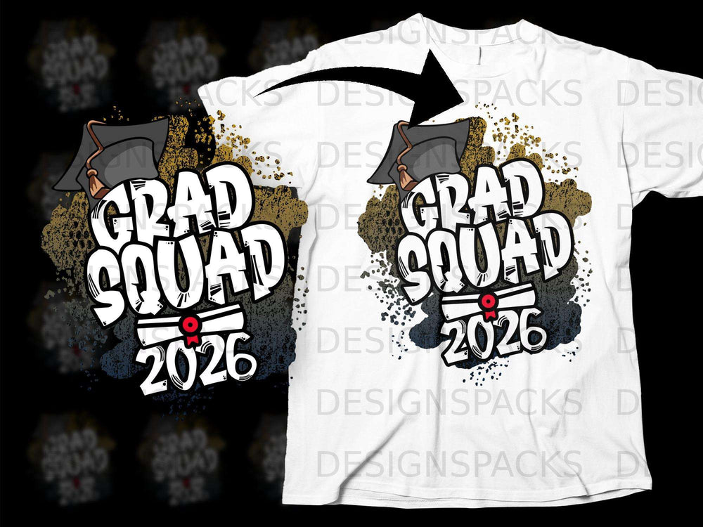 Grad Squad 2026 graphic with graduation cap on a white t-shirt.