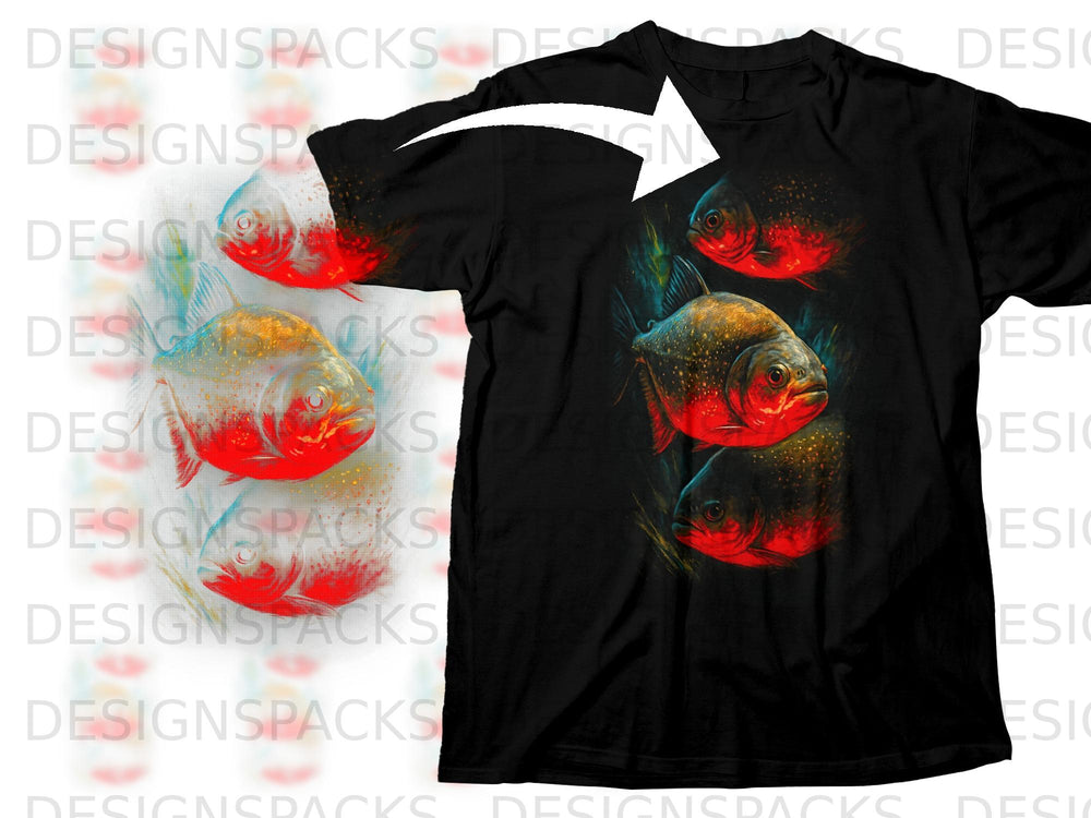 Black t-shirt featuring a graphic of three piranha fish with red and gold accents.