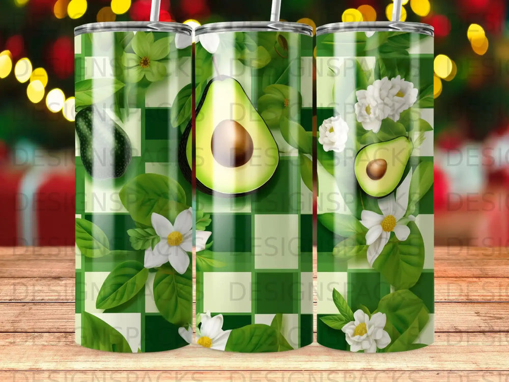 Green gingham pattern with avocado slices and white flowers, repeating design.