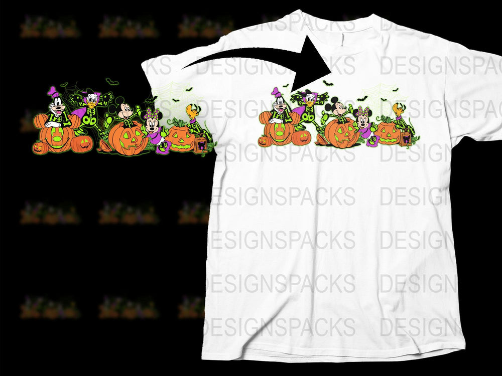 Halloween Themed T-Shirt with Cartoon Pumpkins and Ghosts, Fun Holiday Apparel for All Ages