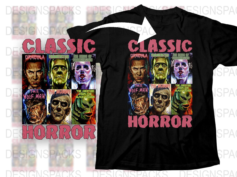 Classic Horror Movie Monster T-Shirt, Vintage Dracula Frankenstein Wolf Man Graphic Tee