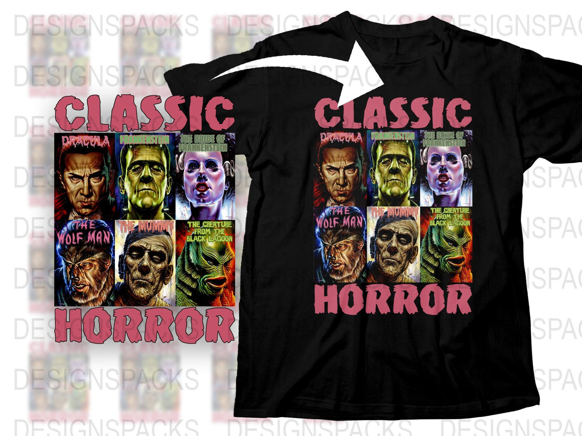 Classic Horror Movie Monster T-Shirt, Vintage Dracula Frankenstein Wolf Man Graphic Tee