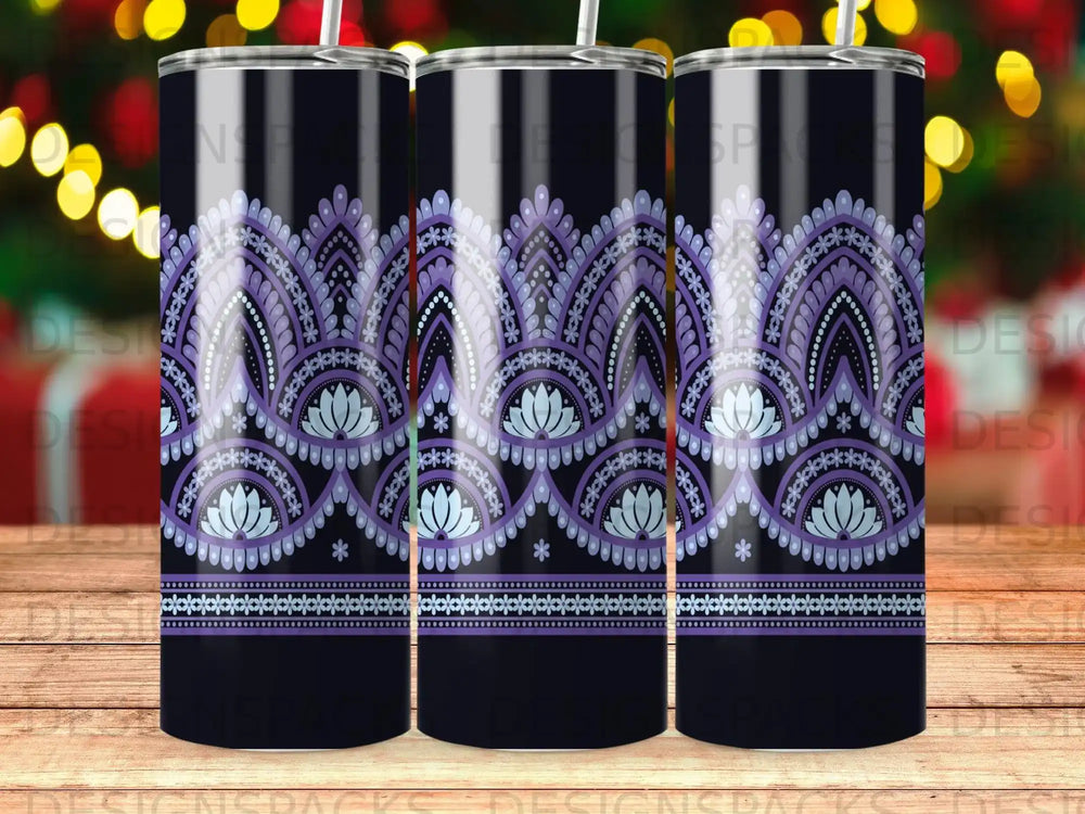 Tall tumbler with repeating purple and blue mandala pattern on black background.