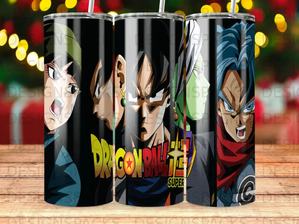 Dragon Ball Z characters Goku Black, Trunks, and Videl on a tumbler design.