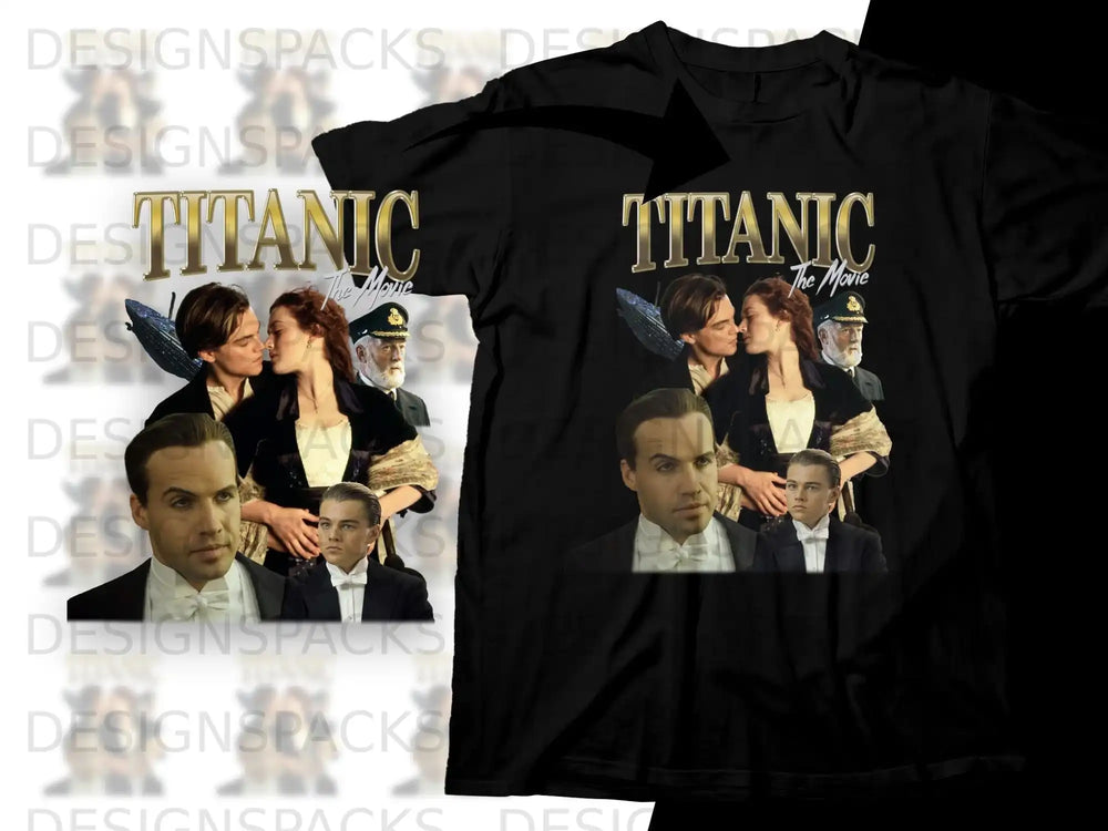 Titanic movie t-shirt graphic with actors Leonardo DiCaprio and Kate Winslet.