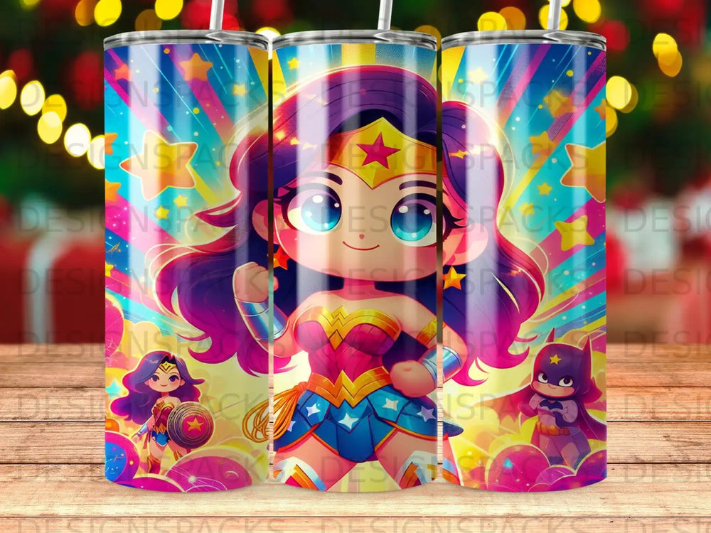 Wonder Woman and Batman cartoon characters on a colorful tumbler.