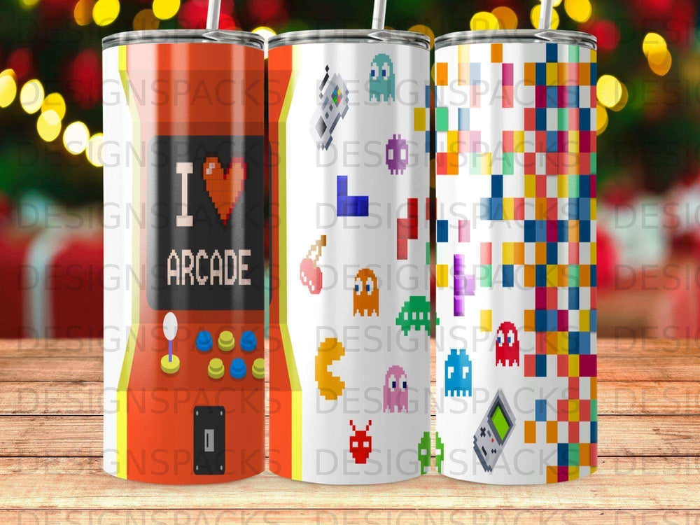 Tumbling cups with arcade game graphics, including pixels and ghosts.