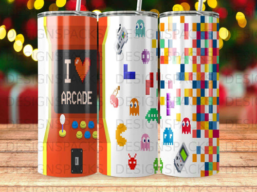 Tumbling cups with arcade game graphics, including pixels and ghosts.