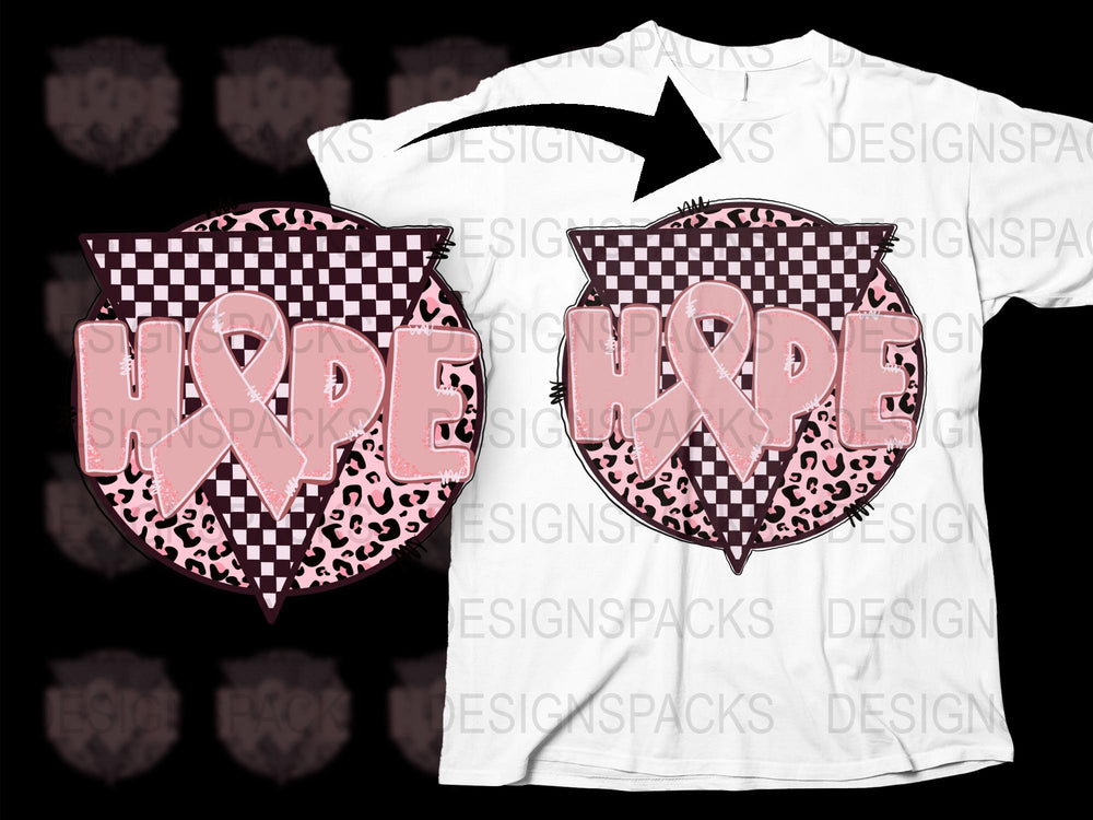 Breast Cancer Awareness T-Shirt, Pink Ribbon Hope Graphic, Black and White Checkered Pattern Tee