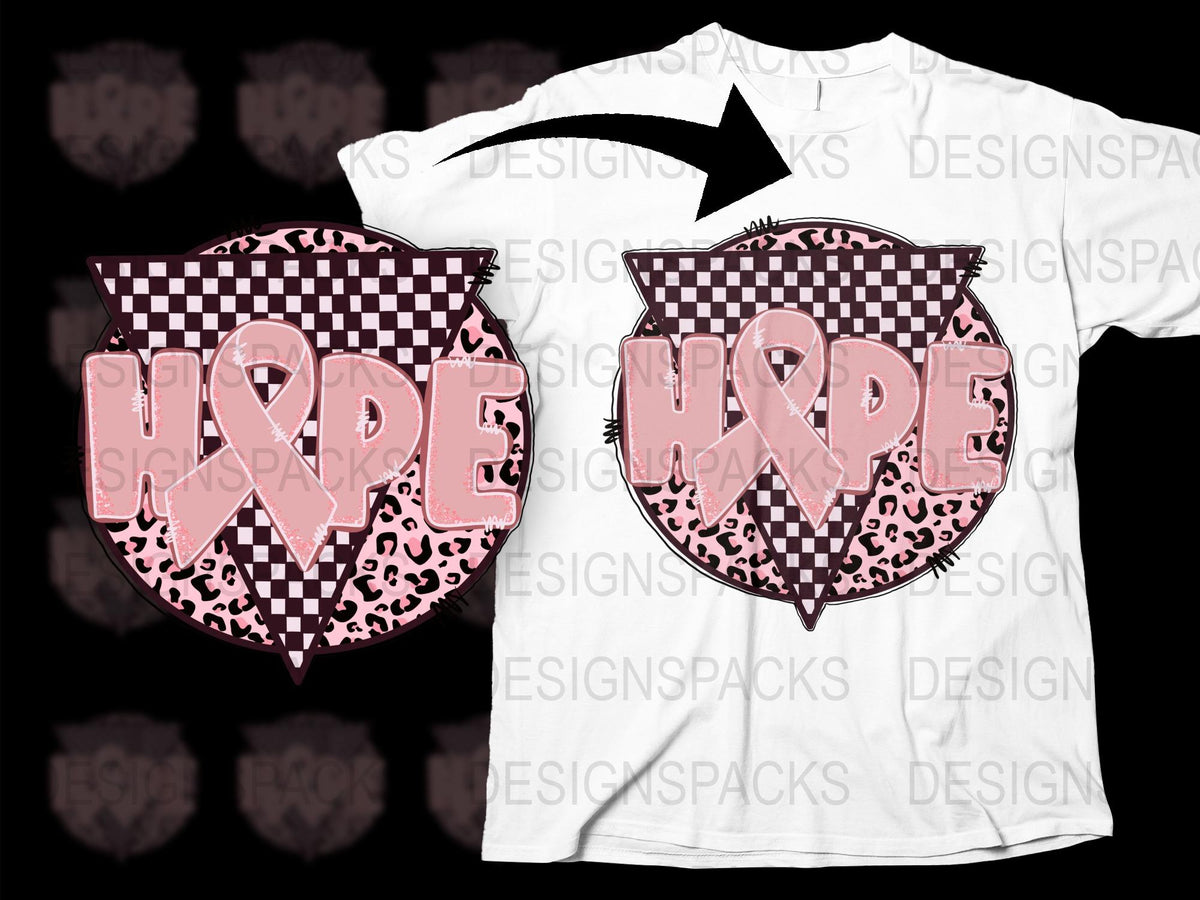 Breast Cancer Awareness T-Shirt, Pink Ribbon Hope Graphic, Black and White Checkered Pattern Tee