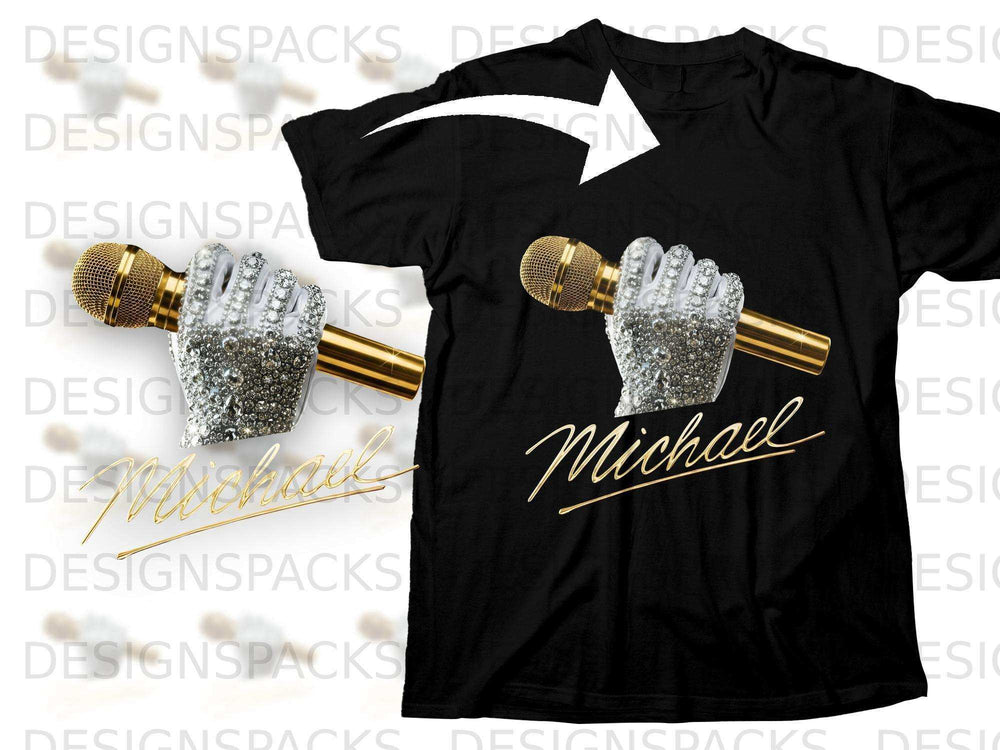 Black t-shirt with a bedazzled microphone and "Michael" in cursive.