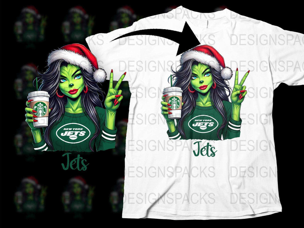 New York Jets Inspired Green Witch Graphic T-Shirt, Santa Hat, Festive Holiday Apparel, Football Fan Gift