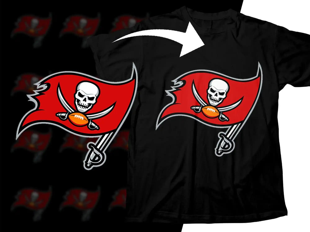 Tampa Bay Buccaneers pirate flag design on black t-shirt, print-ready for DTG or DTF
