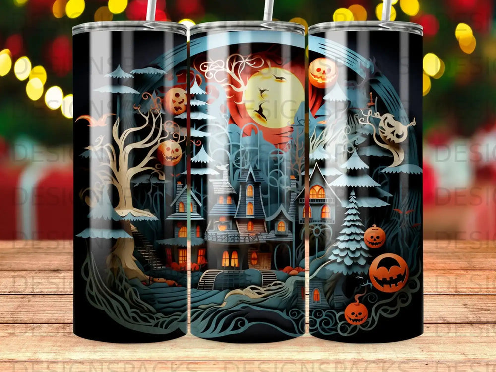 Spooky Halloween haunted house scene with jack-o'-lanterns and full moon.
