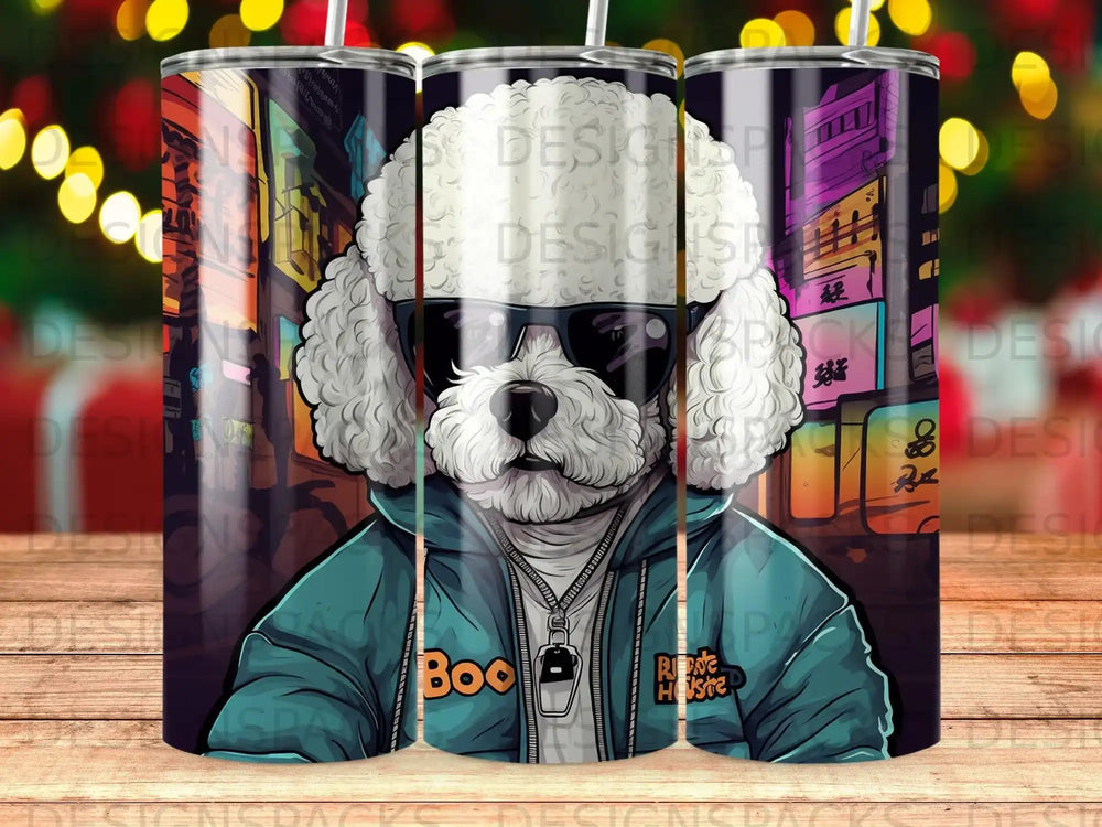 Poodle wearing sunglasses and a hoodie with "Boo" and "RINTE" on it.