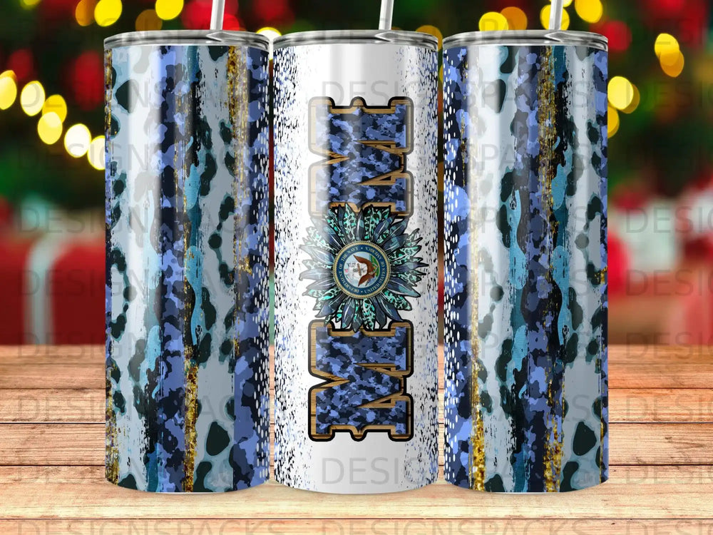 Tumbler with "Mom" in blue camouflage and a Navy seal graphic.