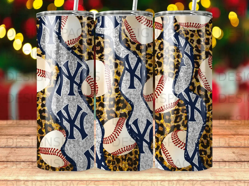 New York Yankees logo with baseballs and leopard print on a tumbler.