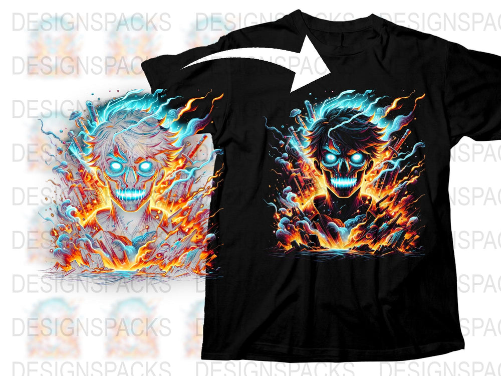 Men's Black Graphic T-Shirt, Electric Blue Skull Design, Fire and Flames, Bold Streetwear, Unique Art Shirt, Cool Fashion Top