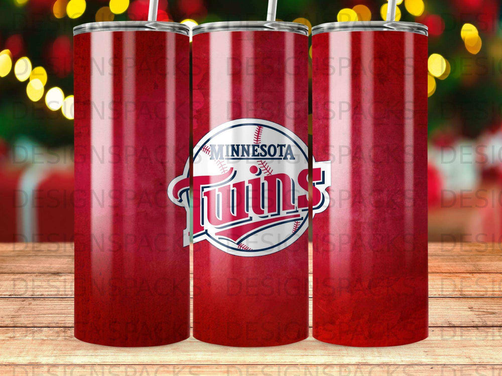 Minnesota Twins logo on a red tumbler with a bokeh background.