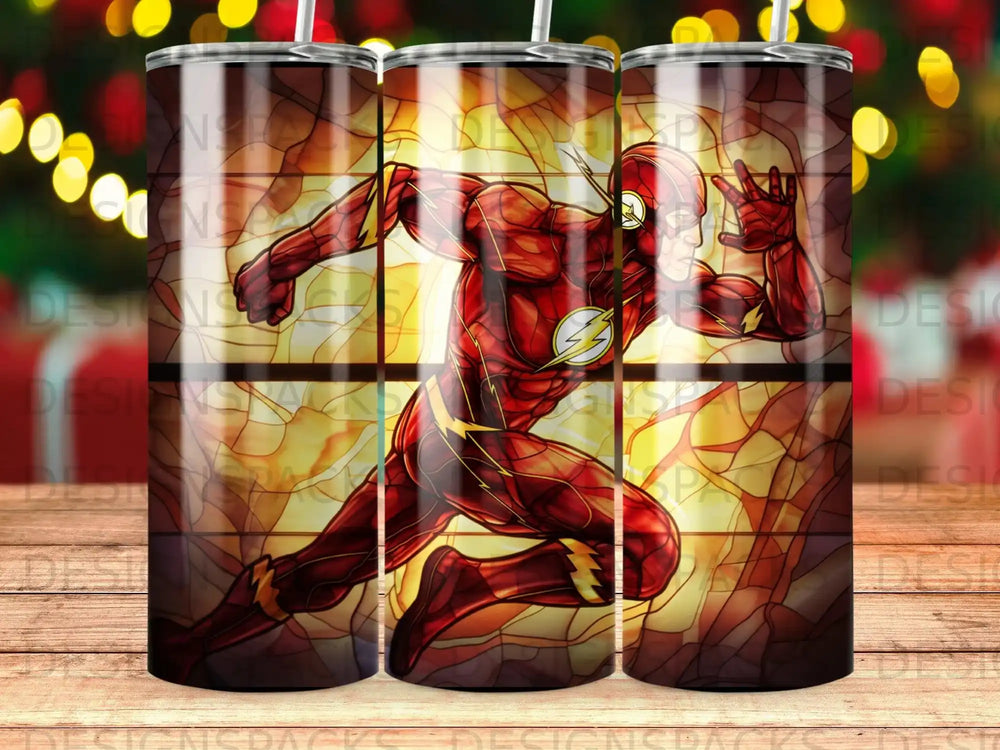 The Flash running forward, a stained-glass-style design on a tumbler.