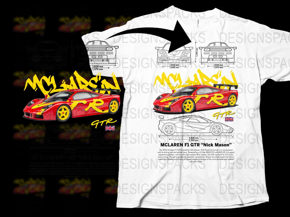 McLaren F1 GTR Nick Mason Graphic T-Shirt, Racing Car Print Tee, Collector's Motorsport Apparel, Unisex White Shirt