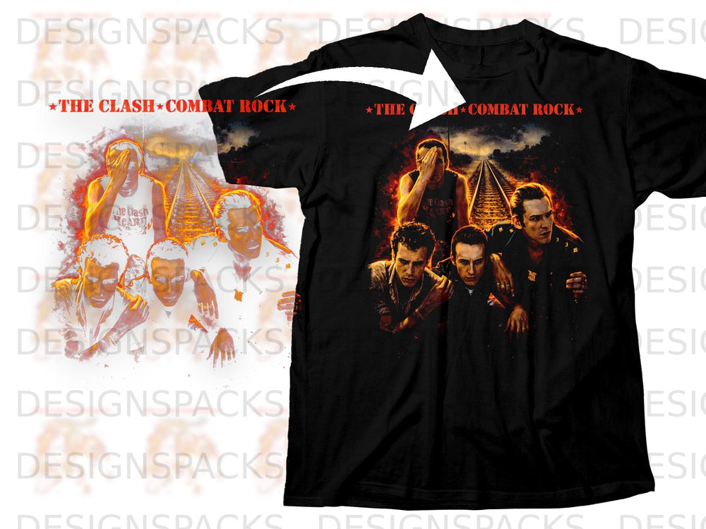 Black t-shirt with The Clash Combat Rock album art featuring band members.