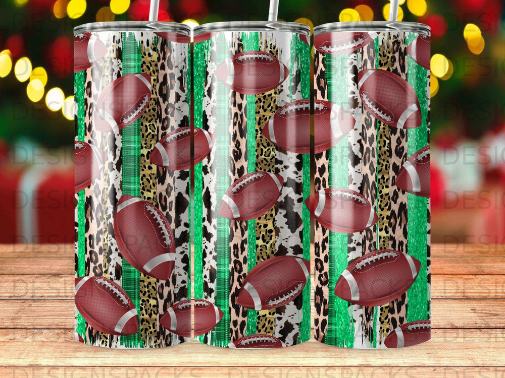 Green leopard print tumbler with footballs and stripes.