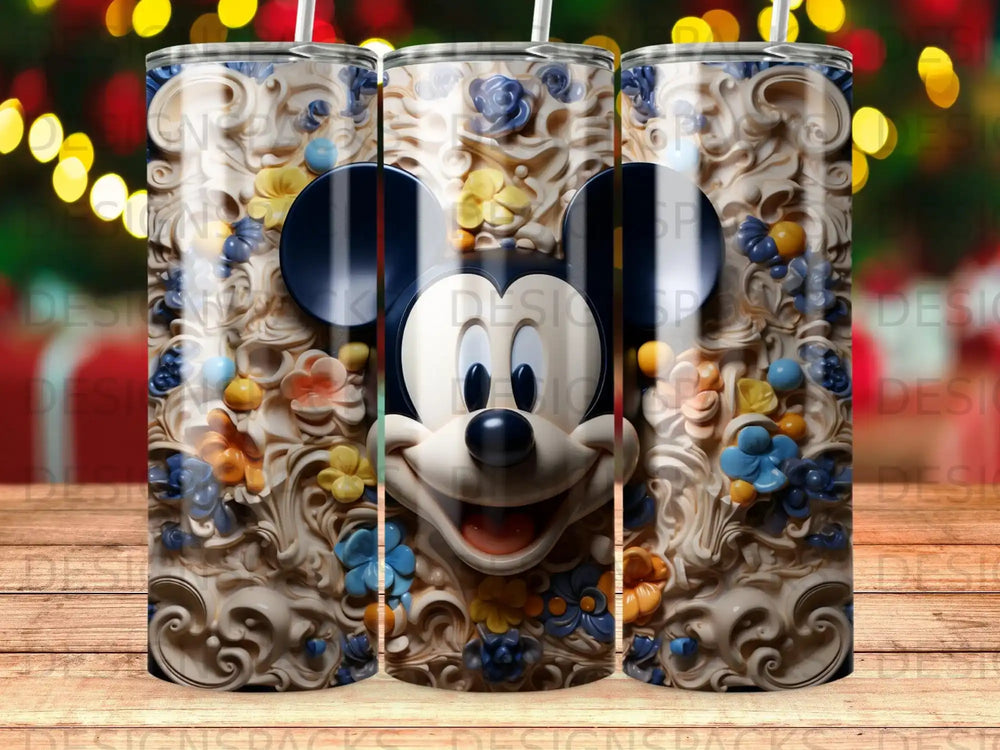Mickey Mouse head on a patterned background with colorful floral accents.