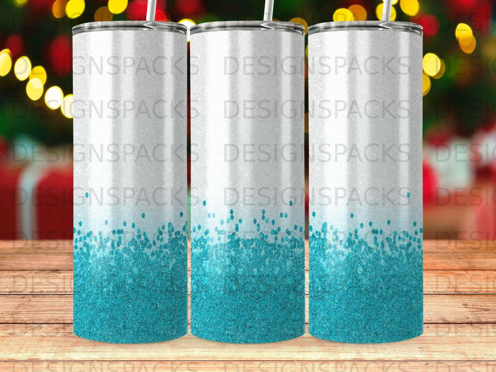Three tumblers with blue glitter gradients, text overlayed.