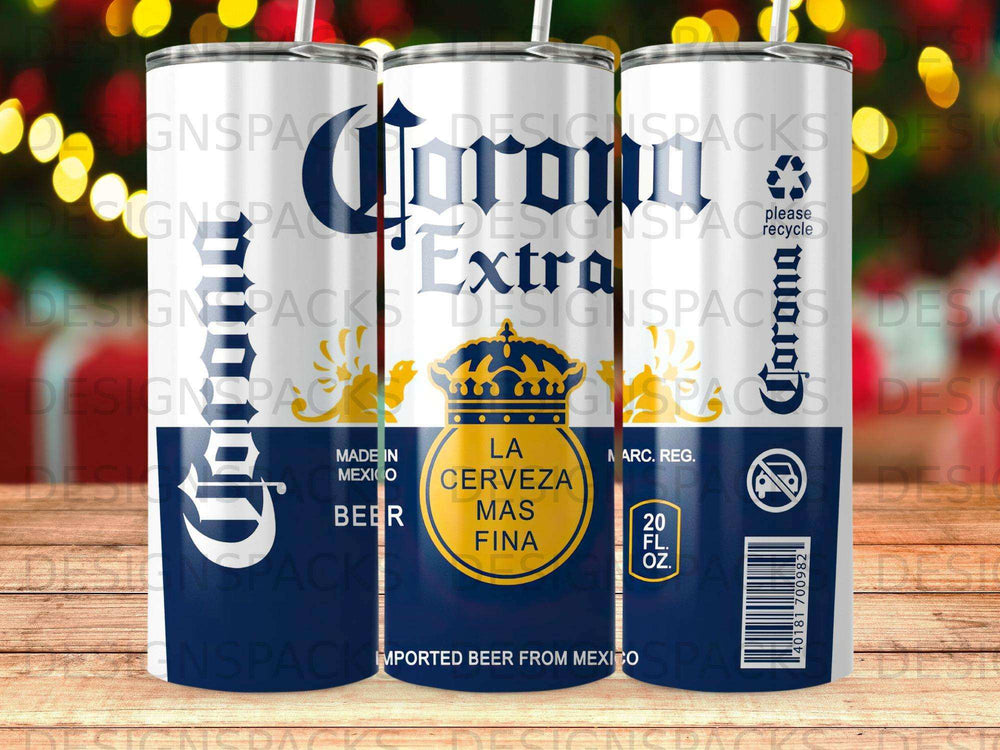 Corona Extra beer can with Spanish text and recycling symbol.