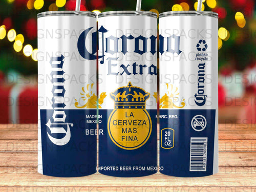 Corona Extra beer can with Spanish text and recycling symbol.