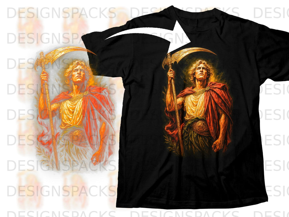 Black t-shirt featuring illustration of a man with scythe, draped in red and gold.