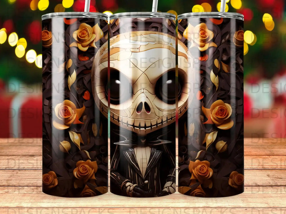 Jack Skellington character with roses on a brown tumbler.