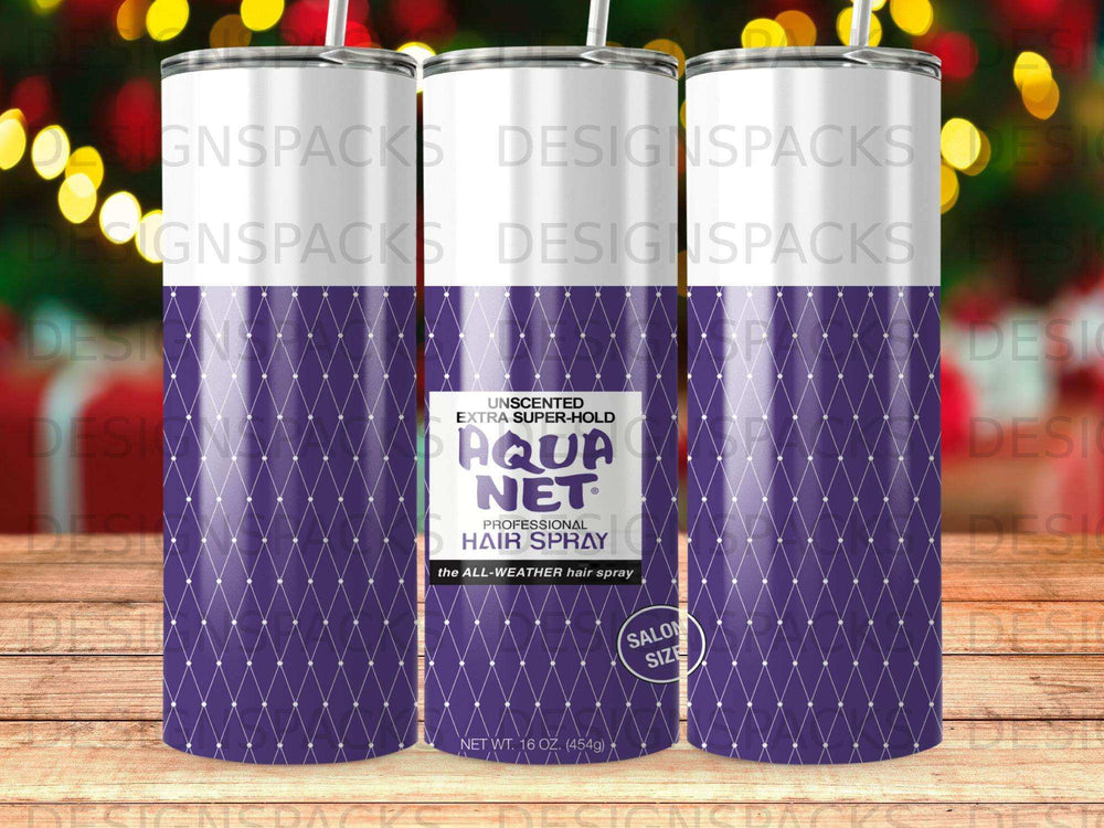 Purple hair spray can with white diamond pattern and "AQUA NET" logo.