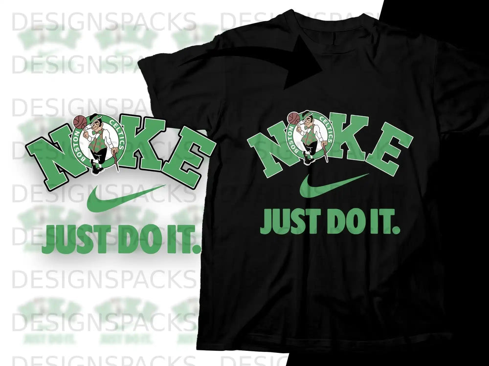 Black t-shirt with green Nike logo and "JUST DO IT." text.